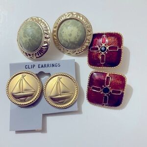 Vintage Clip On Earrings Lot of 3 Pairs Green Gold Burgundy Metal Button Square